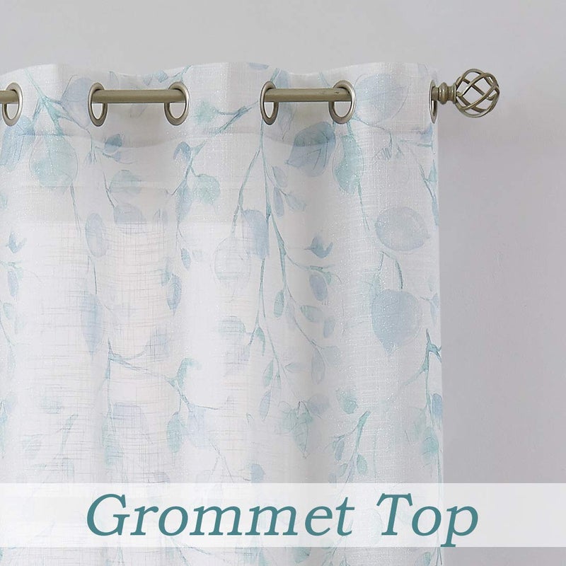 Central Park Leaf Floral Print Metallic Sheer Window Curtain Panel for Rustic Living Room/Bedroom Sparkling Decorative 6 Grommets Top Drape Panels Farmhouse Curtains, Teal Blue,40" x 95"x2, 2 PK - Image 3
